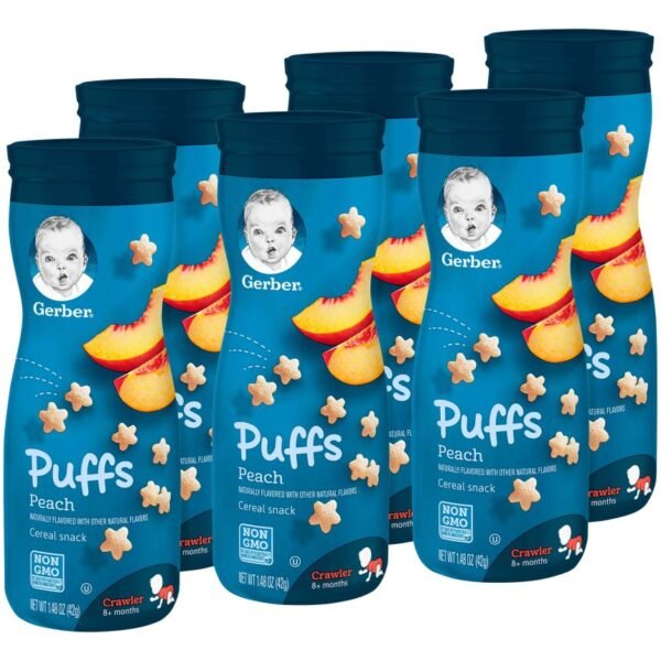 (6 Canisters) Gerber Puffs Peach, 1.48 oz. Puffs pink